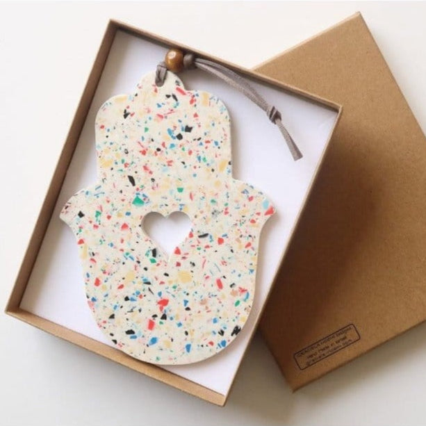 Jewish Museum Wall Hamsas White and Rainbow Terrazzo Wall Hamsa